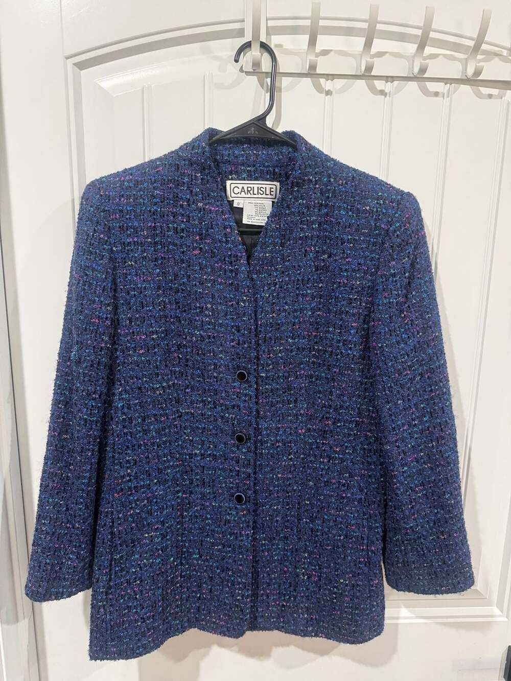 CARLISLE Blue Multicolor Tweed Wool Blend Mohair Button Jacket Blazer Size 8 - Picture 2 of 7